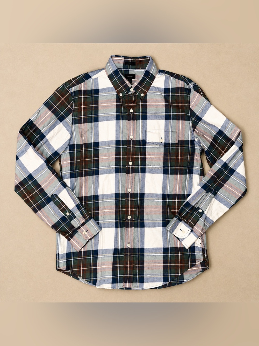 J. Crew Men’s Plaid Button Up Shirt Long Sleeve 100% Cotton Green Navy Size M